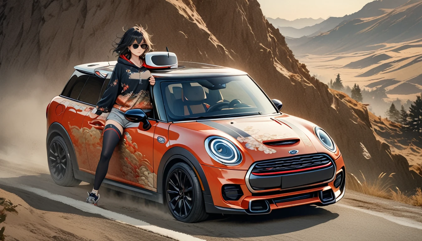 ((8k of extremely detailed CG unit, Masterpiece, high resolution, highest quality, highest quality real texture skin)), (wearing Japanese pattern headphones), ((1 girl)), (((Driving a Mini Cooper))), (((sunglasses))), (Japanese pattern hoodie, Japanese-style shorts), (Black hair, messy hair, beige skin), (surreal, digital painting)