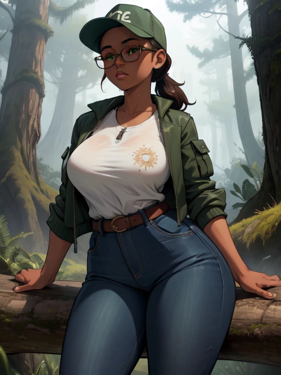 explicit content, female, solo, sunsetting forest setting, thick thighs, big butt, round hips, slender waist, sluty, small breasts, wide hips, wide hips, huge thighs, huge ass, full_body,, volumetric lighting, attractive body, sexy body, curvy body, ((masterpiece)), ((best quality)), ((cinematic lighting)), ((countershading)), ((detailed background)), huge hipacro:1.5), wide hips, green eyes color, nervous and shy expression, wet, narrow shoulders, torn denim jeans, best quality, high resolution, beautiful detailed eyes, extremely detailed face, perfect lighting, 1girl, freckled body, wood, perfect hourglass figure, cozy, forest background, light brown skin, hair in ponytail, forest, fully unzipped dark green jacket, full body, red sneakers, camera, Cryptid, glasses, tight pants, holding camera, outdoors, rileyfairfeather, dark skin, freckles, black and white baseball cap, long brunette hair, a perfect face, Detailed eyes and face, black shirt with print, fur-trimmed jacket, shoulder bag, looking at viewer, sitting on log,