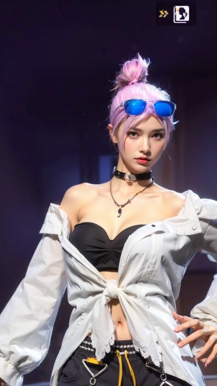 Skin Tight Black Top:1.2、looking at viewert、cinematlic lighting、A perfect、softlight、High resolution skin:1.2、realistic skin textures、Lifelike face、Beautiful red eyes、off shoulders、Exposed cleavage、short-hair、no-makeup、Bust B Cup