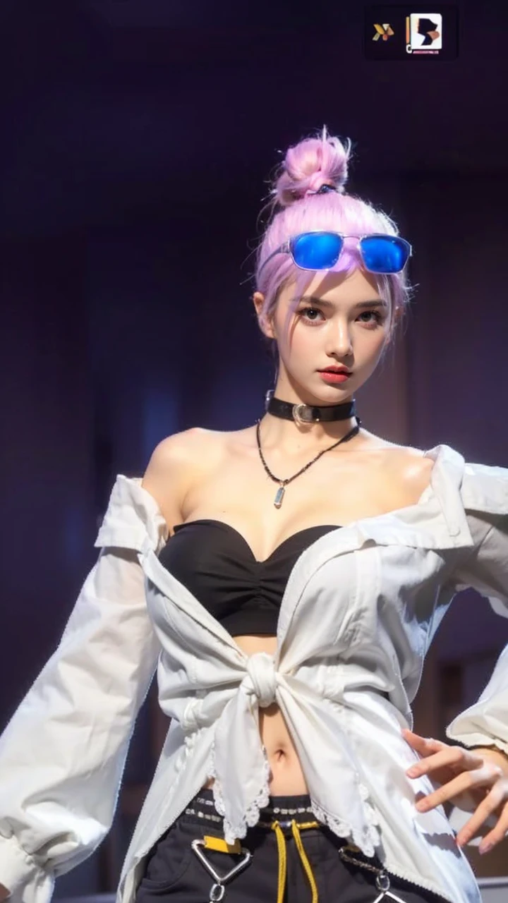 Skin Tight Black Top:1.2、looking at viewert、cinematlic lighting、A perfect、softlight、High resolution skin:1.2、realistic skin textures、Lifelike face、Beautiful red eyes、off shoulders、Exposed cleavage、short-hair、no-makeup、Bust B Cup