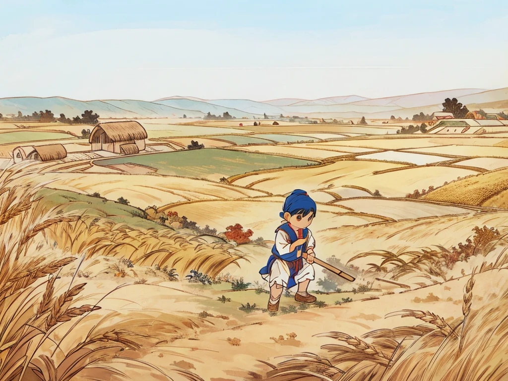 A little boy is holding a sickle and bending over to harvest golden wheat in the wheat field