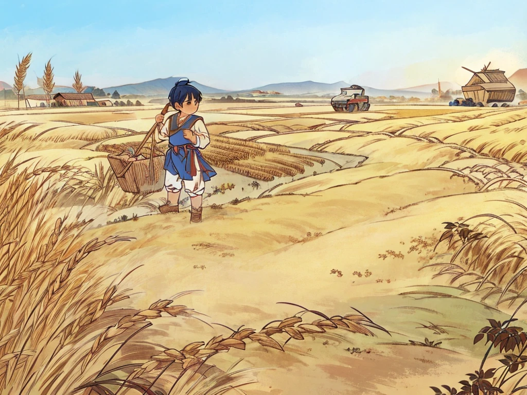 A little boy is holding a sickle and bending over to harvest golden wheat in the wheat field