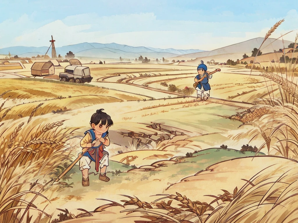 A little boy is holding a sickle and bending over to harvest golden wheat in the wheat field