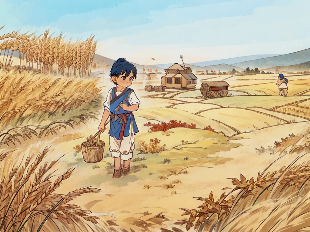 A little boy is holding a sickle and bending over to harvest golden wheat in the wheat field