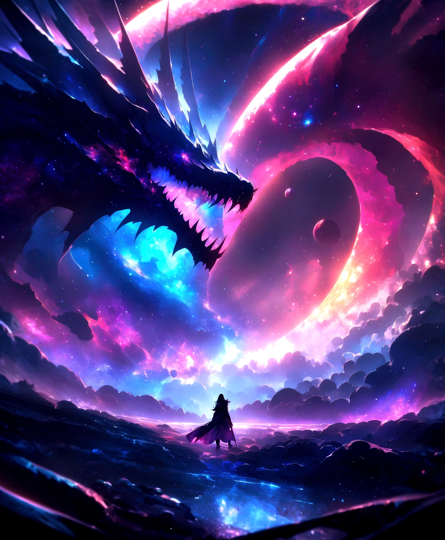 Create a mesmerizing cosmic scene featuring space dragon with evil maw ,nebula-like formations, glowing celestial bodies, and radiant energy waves that intertwine, illuminating the dark space with vibrant dim hues of blue and purple. amazing and outstanding quality:1.4