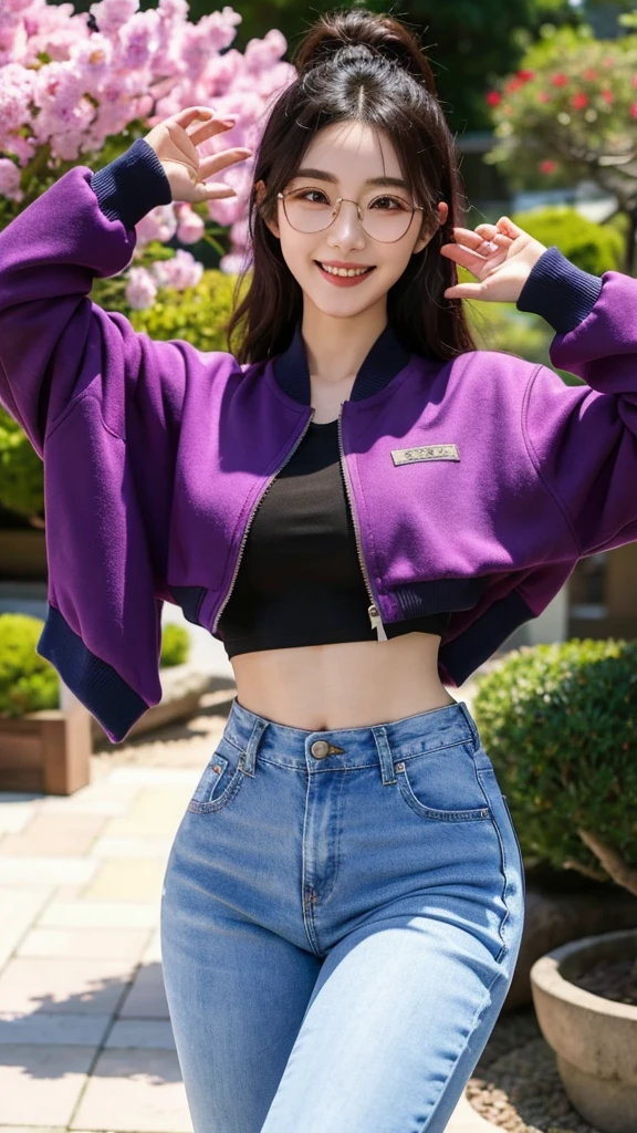 Korean girl wearing a crop top and purple jacket, black hair, wearing glasses, black jeans, six pack abs, smiling, in the Japanese garden