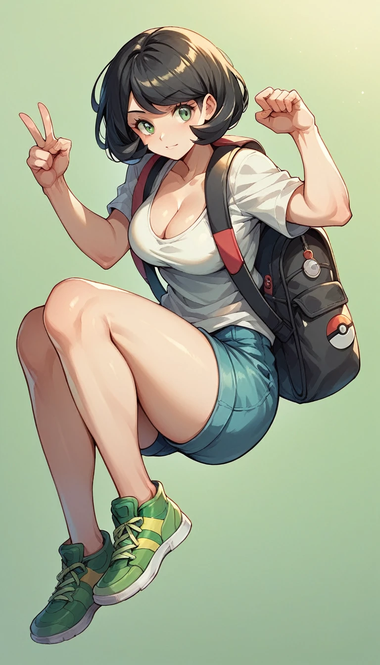 Pokemon trainer lady, black hair, bob hair, cleavage, thighs, pin up model pose, green fields background, carrying backpacks, high sneakers
