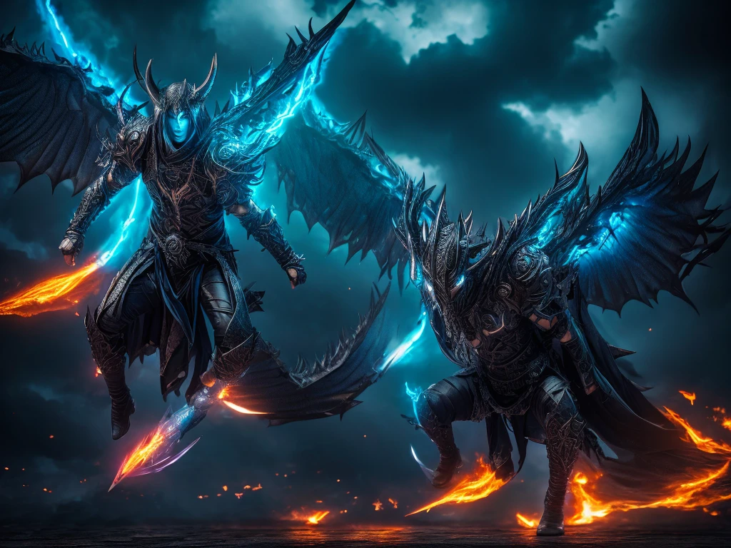 a demon lord rimuru tempest, demonic wings spread wide, floating in the air, dark fantasy, hyper detailed, intricate, masterpiece, 8k, photorealistic, dramatic lighting, cinematic composition, vibrant colors, powerful presence, majestic, awe-inspiring, ethereal, mystical, dramatic atmosphere