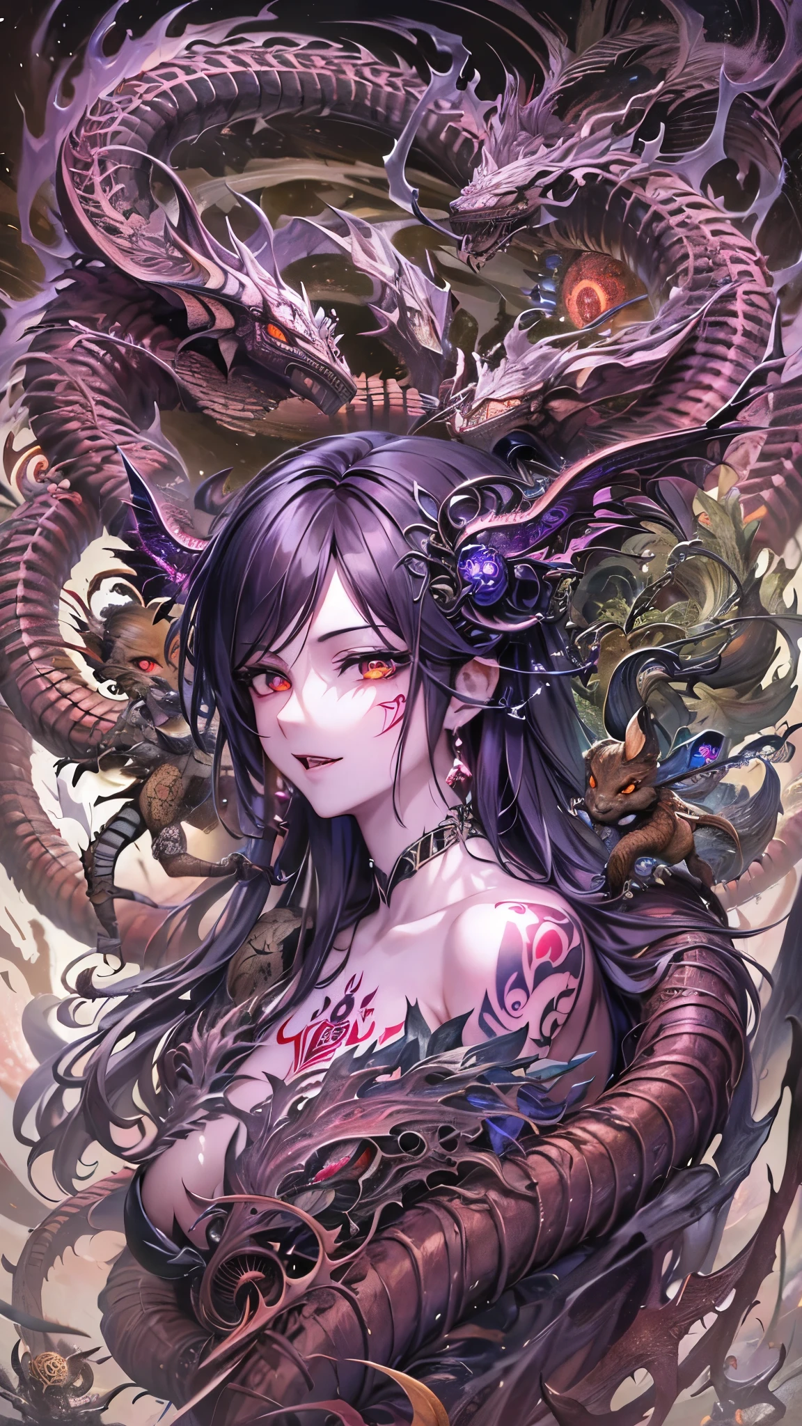 ((highest quality)),(Ultra-high resolution),(Very detailed),(Detailed Description),((The best CG)),(A masterpiece),Ultra-detailed art,Amazing painting art,(Art with precise details:1.5), (One female demon:1.8),(Beautiful and well-proportioned face:1.5),(Snake eye:1.5,(Flashy makeup:1.6),(A charming smile:1.6),(finely crafted lingerie:1.4),(Nasty tattoos:1.8),(Beautiful leg lines:1.5),(provocative sexy poses:1.7),Camel Toe:1.5, (Withered Flowers:1.6),