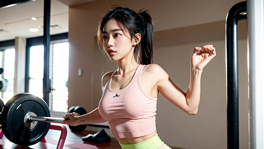1girl, Running, gym, tight light pink workout clothes,