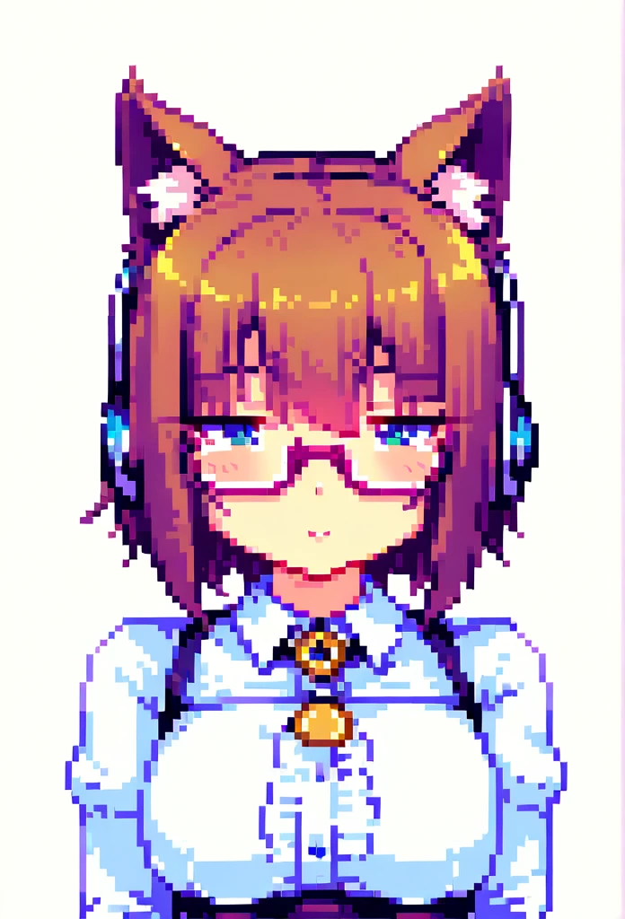 A cute anime girl with cat ears, wearing headphones and glasses, in a 2D pixel art style