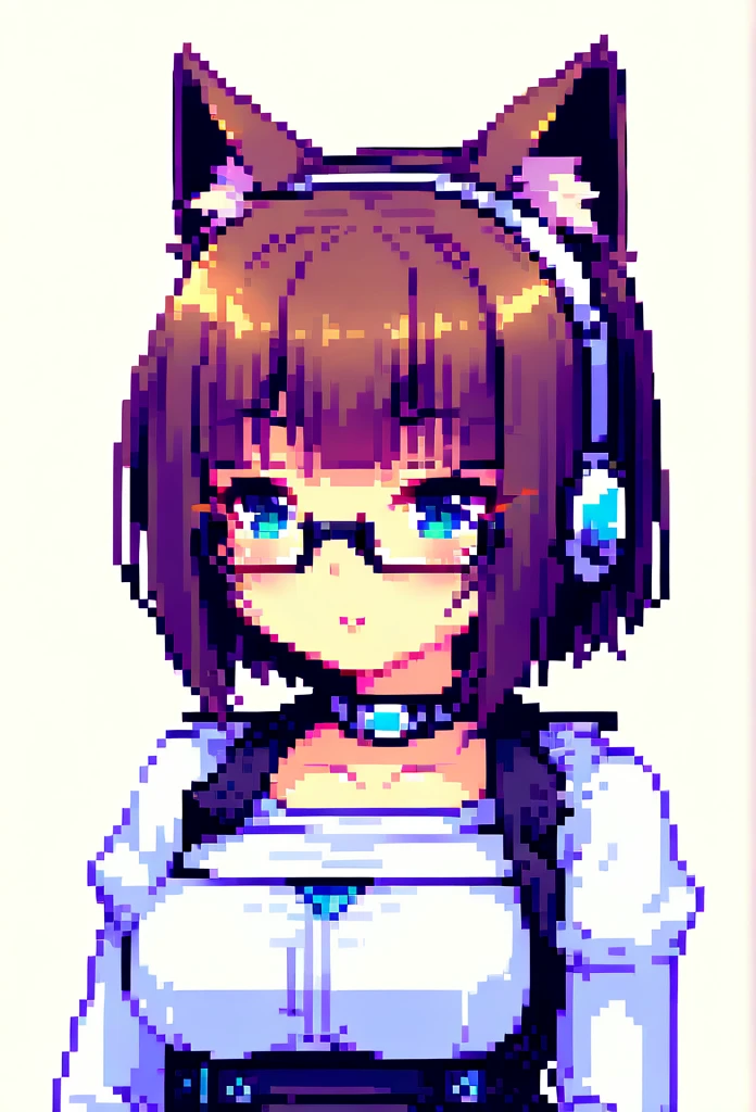 A cute anime girl with cat ears, wearing headphones and glasses, in a 2D pixel art style