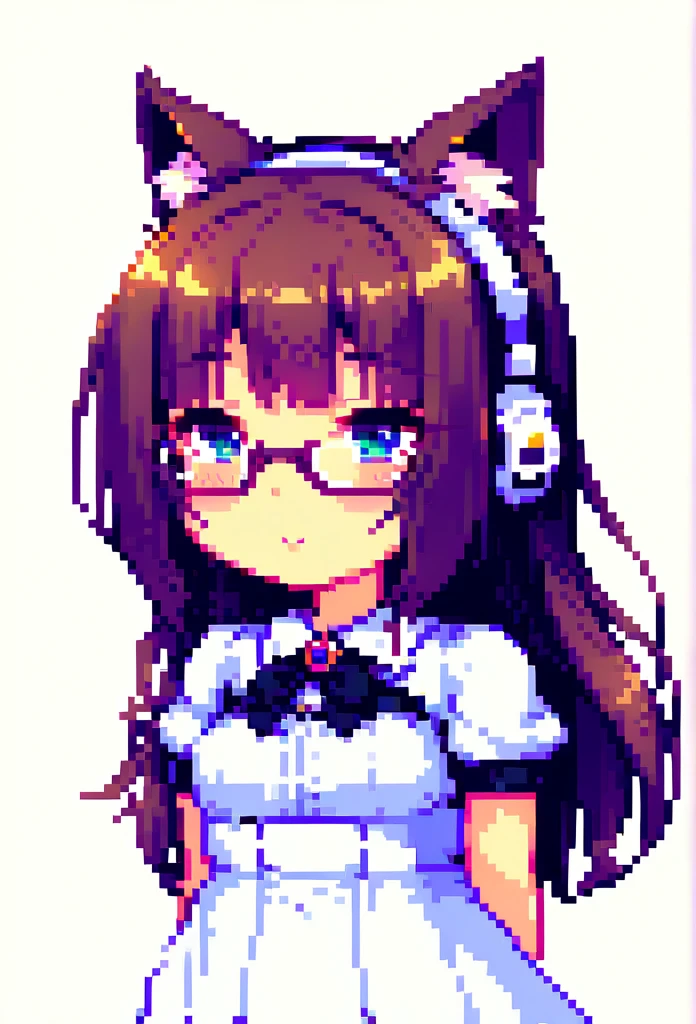 A cute anime girl with cat ears, wearing headphones and glasses, in a 2D pixel art style