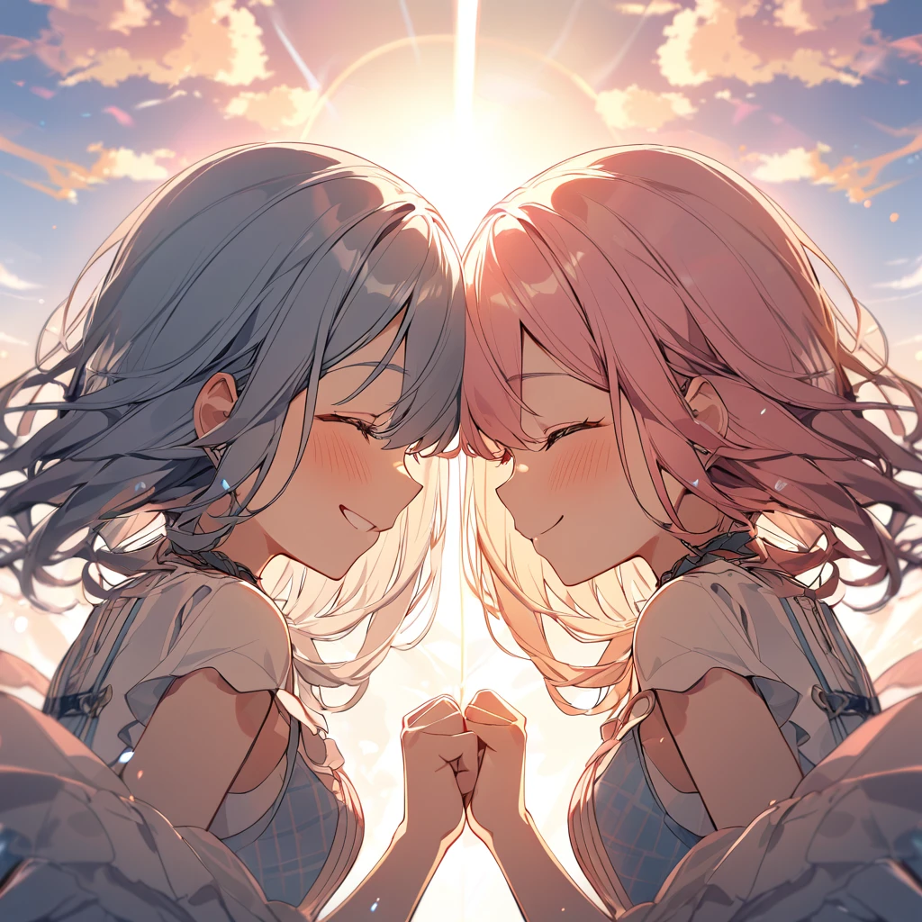 absurdres, highres,
BREAK
two girls (Facing each other) (looking at each other:1.1), sunset, (symmetry:1.2), (pinky swear:1.3), pinky promise, (smile, happy), promise, ,close eyes, ehegao, from side, trickle of tears, excitement
BREAK