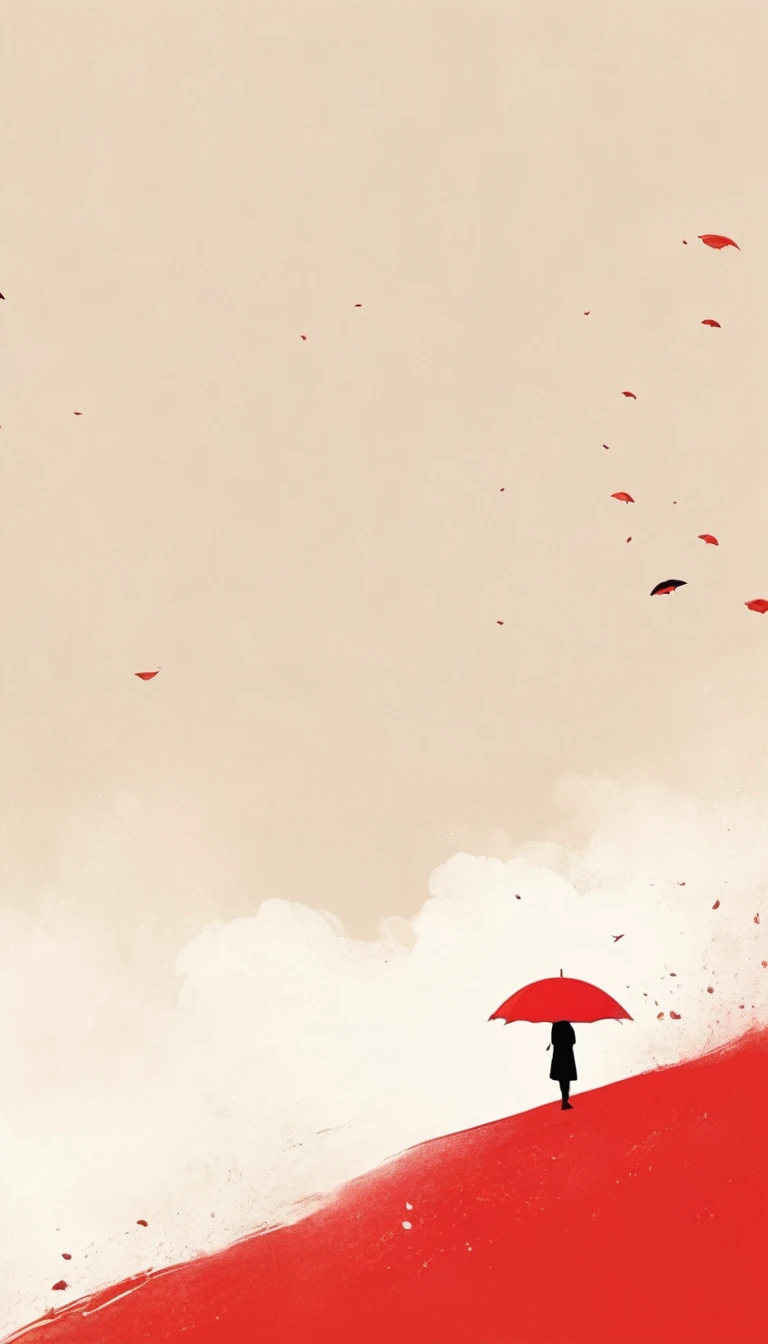 simple,Minimalist illustration,1pcs red umbrella-suspended in the air,solitary figure