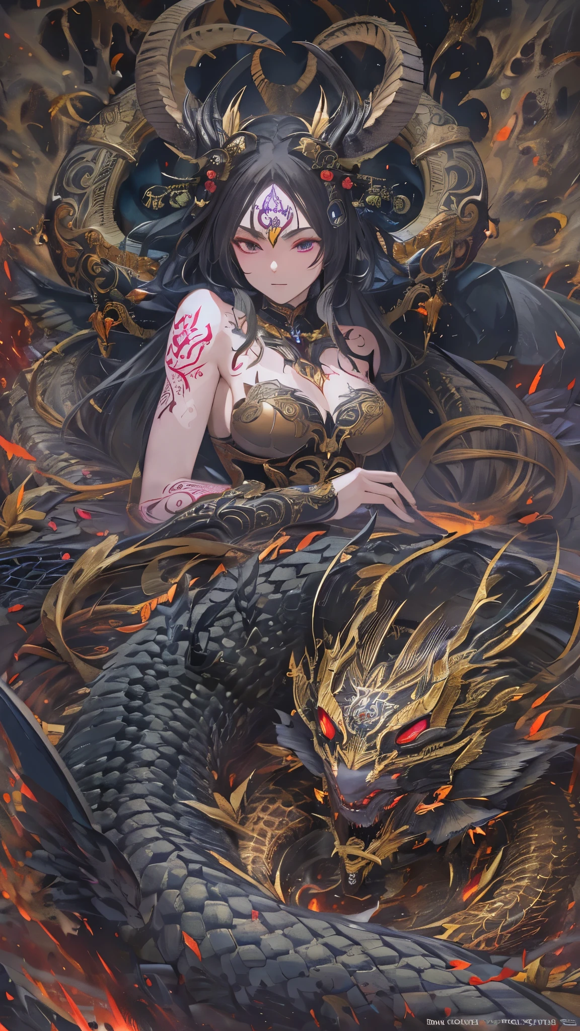 ((Highest quality)),(Ultra-high resolution),(Very detailed),(Detailed Description),((The best CG)),(A masterpiece),Ultra-detailed art,素晴らShii絵画芸術,(Fantasy art with intricate detail:1.5), (nightmare:1.6),(Female Devil:1.5),(spider),(scorpion),(snake),(goat),(bat),(Dragon),((Fusion:1.6)), Vulgarity,(Evil:1.3),disaster々Shii,(Tattoo:1.6),Darkness:1.3,