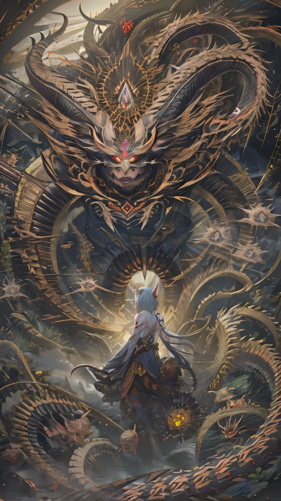 ((Highest quality)),(Ultra-high resolution),(Very detailed),(Detailed Description),((The best CG)),(A masterpiece),Ultra-detailed art,素晴らShii絵画芸術,(Fantasy art with intricate detail:1.5), (nightmare:1.6),(Female Devil:1.5),(spider),(scorpion),(snake),(goat),(bat),(Dragon),((Fusion:1.6)), Vulgarity,(Evil:1.3),disaster々Shii,(Tattoo:1.6),Darkness:1.3,