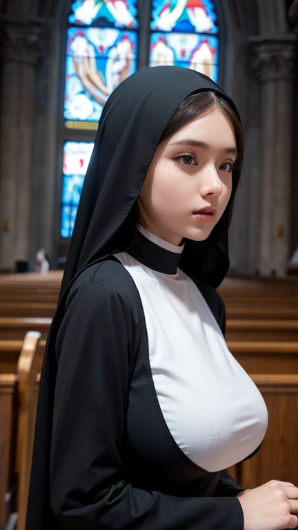 Nun Girl, Perfect face, perfect body, body shot: 1.3, Ultra details on beautiful face, Hair to the wind, ultra details, 8k, closeup on her big round breasts, background inside a church