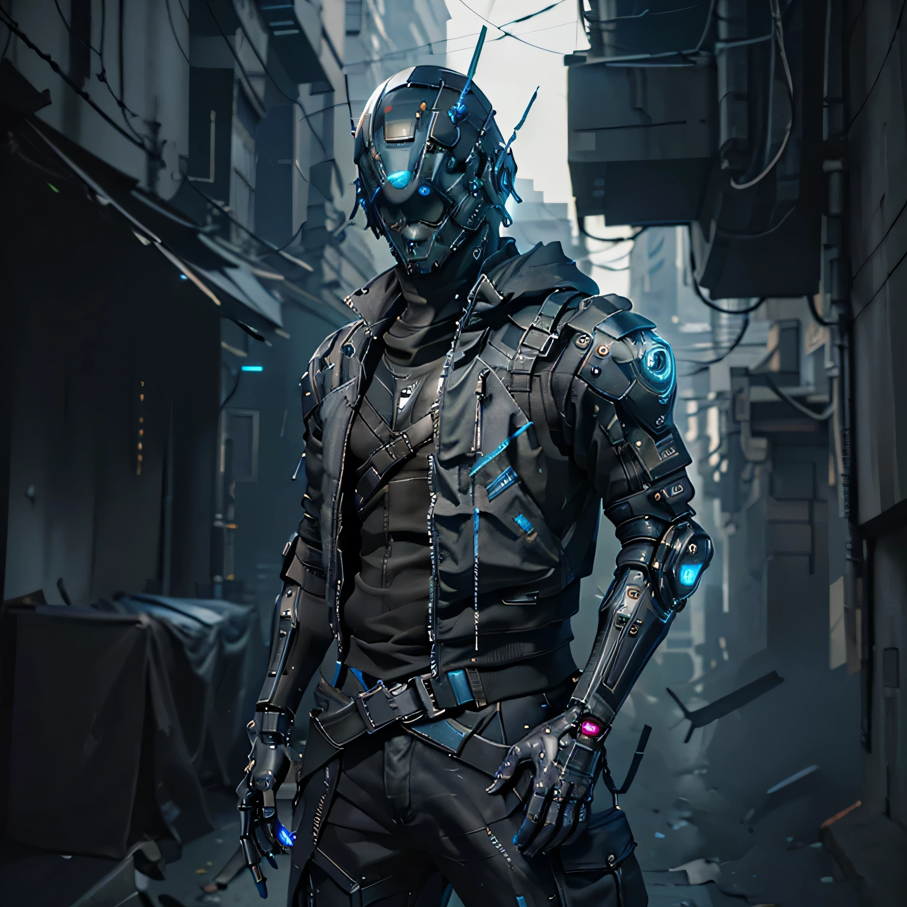 masterpiece, photography style, 9k, sharp, cyberpunk citizen, slim, cargo pants, dark clothe, futuristic style, light and shadow, night, photo, epic resolution, high quality, looking at the viewer, cyberpunk background, armored, helmet, blue glowing lights