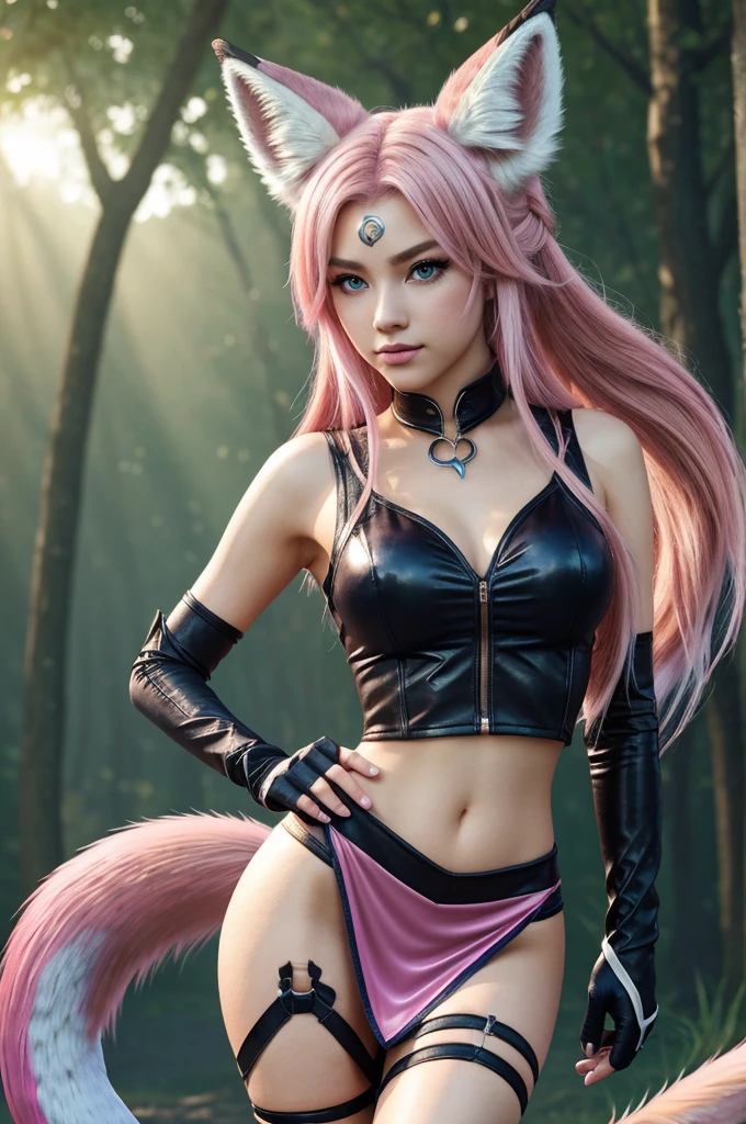 best quality,masterpiece,8k wallpaper,absurdres, highres, ultra detailed, (ung beautiful girl, solo:1.1),realistic,k/da (league of legends), solo, animal ears,gloves, fox ears, hair ornament, long hair, blonde hair,blue eyes, whisker markings, fingerless gloves, pink hair,multicolored hair,official alternate costume, asymmetrical clothes, makeup, facial mark, hairclip, medium breasts, athletic body, slim body, skirt, thigh strap, lips, gradient hair, fox tail, single glove,fox tail, (nine-tailed fox (mythological creature):1.3),A fairytale land where magical creatures live and thrive,BREAK