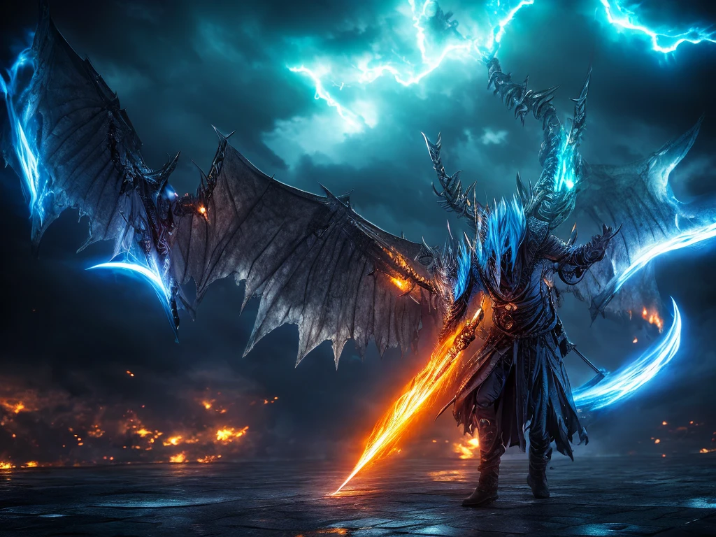 a demon lord rimuru tempest, demonic wings spread wide, floating in the air, dark fantasy, hyper detailed, intricate, masterpiece, 8k, photorealistic, dramatic lighting, cinematic composition, vibrant colors, powerful presence, majestic, awe-inspiring, ethereal, mystical, dramatic atmosphere