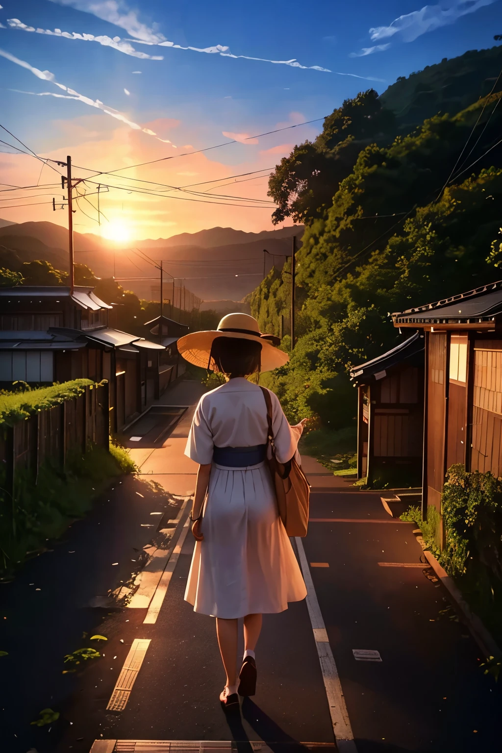 (Highest quality:1.2)。A remote view of an unmanned train station in rural Japan。A green outskirts of town。A woman stands on the platform。White straw hat。White Summer Dress。Beautiful sky at sunset。End of Summer。