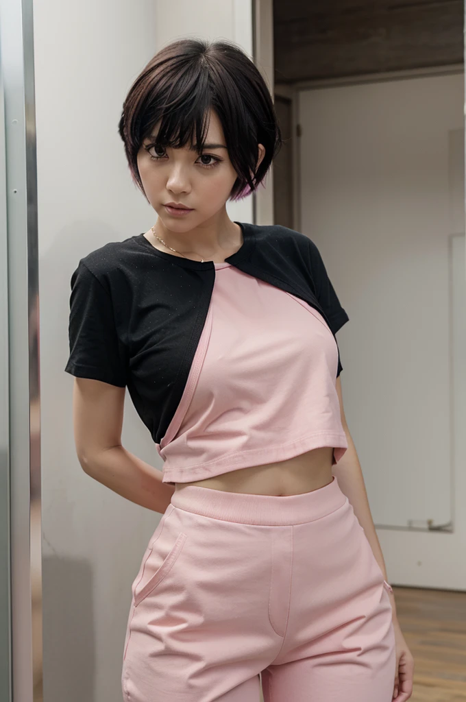 The anime character has short hair and bangs and wears pink clothes and black pants
