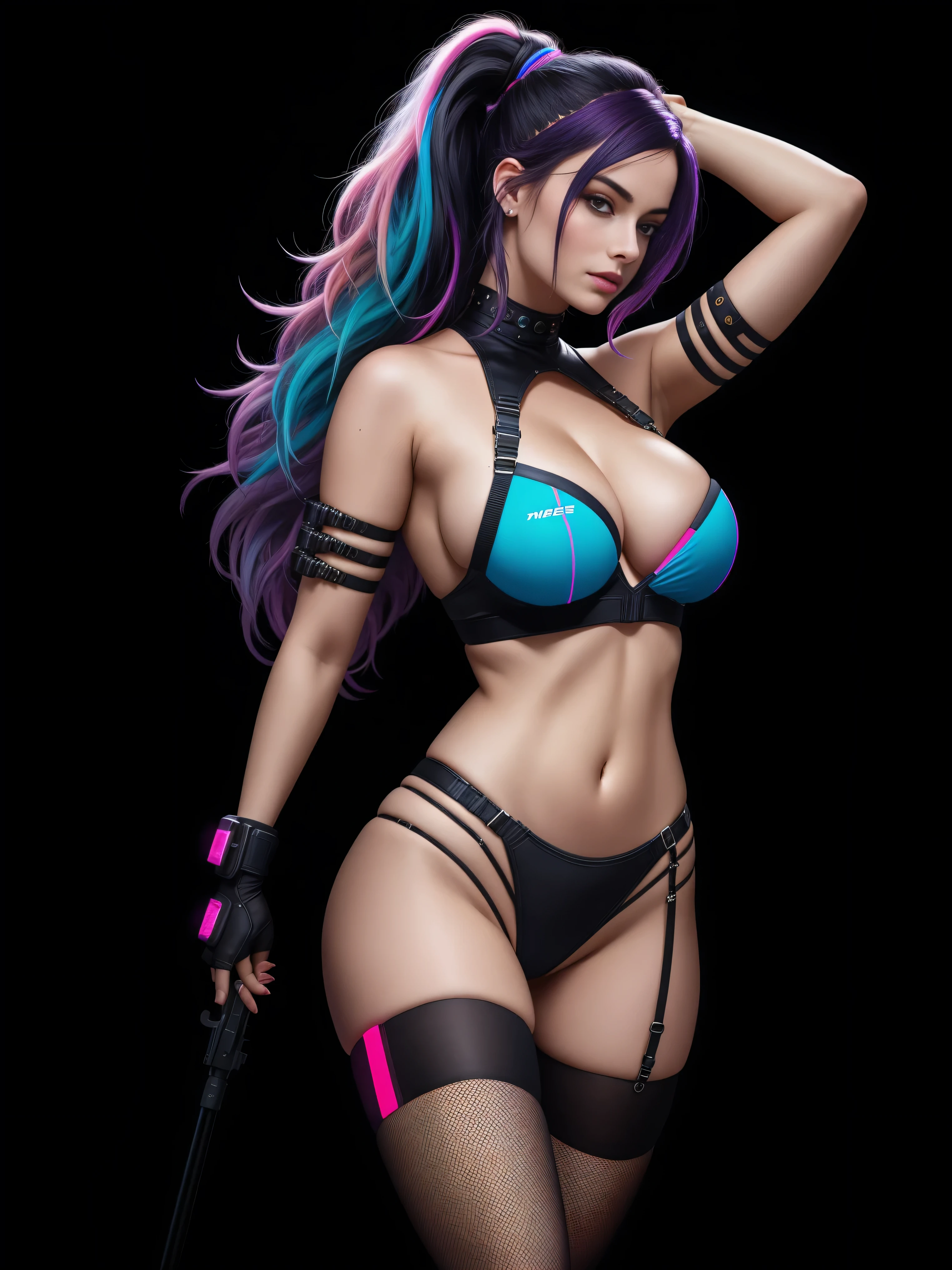 there is Margot Robbie, navy blue and bright purple neon streaked hair, hair in pony tail, 3 d neon art of a womans body, neon-noir background, cyberpunk femme fatale, seductive cyberpunk dark fantasy, fishnet stockings, nice ass, cyberpunk strip clubs, cyberpunk 20 y. o model girl, oppai cyberpunk, banner, high definition cgsociety, cgsociety masterpiece, trending on cgstation, kda, random hair, looking at camera, gigantic breasts, cleavage, (high detailed skin:1.2), 8k uhd, dslr, super lighting, high quality, film grain, high res, highly detailed, hyper realistic, beautiful face, beautiful body, beautiful eyes nose lips, alluring expression, very bold, upper visible, full body photo, standing legs apart, pale translucent glowing skin, most beautiful face, cute, (well defined pubic hair:1.2)), (dark plain black background:1.4))