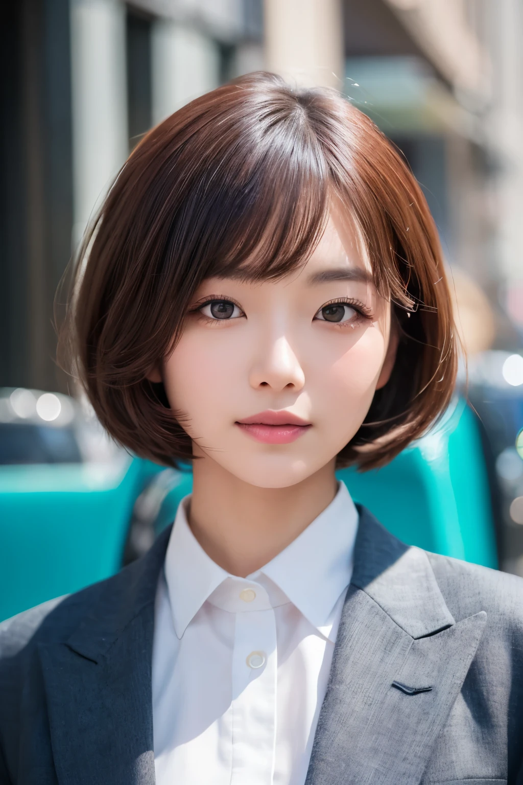 high quality, High resolution, masterpiece, completion, detailed.impressive, Cutting-edge female photography portraits, Showcasing a bold and daring street-art style. Facing forward、A gentle smile、Soft look, cyan, and purple, Her vibrant makeup really catches the eye.. Her colorful hair is tied up high, Wearing a suit、Office Lady、Blue and pink hues in harmony. 背景には蛍光クロムイエローand purpleの魅惑的なグラデーションが施されています, Blends seamlessly with the dynamic colors of your subject. This powerful combination of hyper-detailed realism and artistic expression creates a vivid, An unforgettable image.