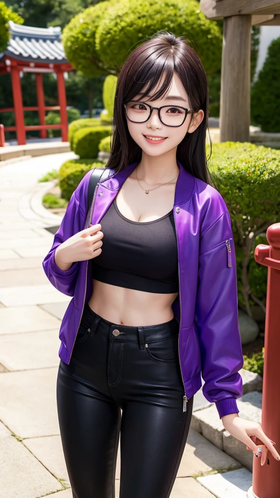 Korean girl wearing a crop top and purple jacket, black hair, wearing glasses, black jeans, six pack abs, smiling, in the Japanese garden