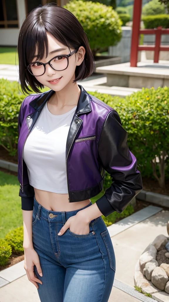 Korean girl wearing a crop top and purple jacket, black hair, wearing glasses, black jeans, six pack abs, smiling, in the Japanese garden