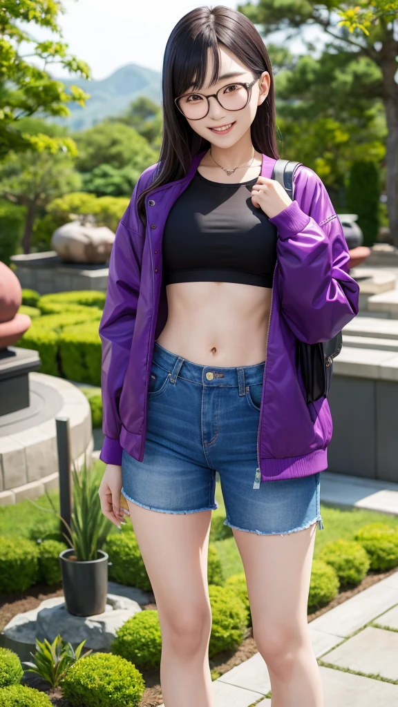 Korean girl wearing a crop top and purple jacket, black hair, wearing glasses, black jeans, six pack abs, smiling, in the Japanese garden