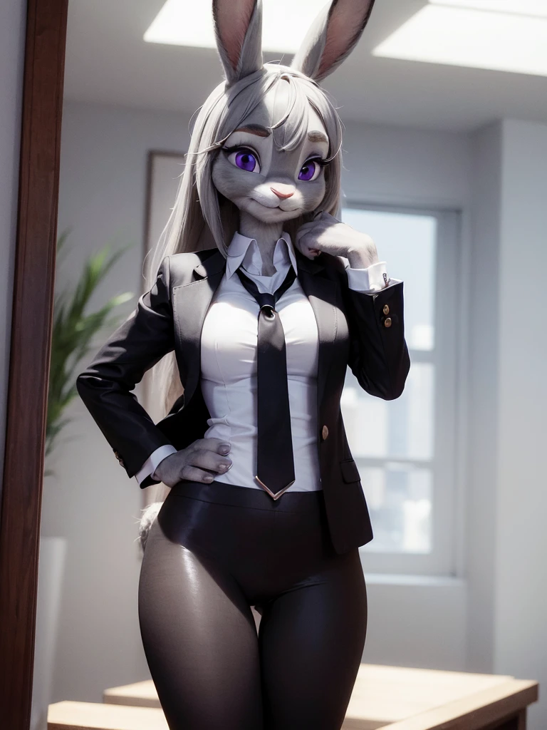 best quality,
masterpiece,
hyper Realistic,
ultra-detailed,
beautiful detailed,
4K，8K，High level,
PIXAR,
Photo real,
medium shot,
Looking at the audience upside,
background in green office,
Realistic lighting,

((anthropomorphic rabbit)),
detailed animals,
Complex patterns,
(furry:1.35),
(Whole skin is gray:1.35),
(body is fluffy and bushy:1.35),
Realistic fur,

((human hands)),

(Face is JudyHopps:1.35),
((medium straight hair)),
dark brown heir,
((sidepart bangs)), bangs,
purple eyes,
{highlight on eyes, crisp eyes, sparkle in the eyes, round big pupils},
detailed iris, 
(rised eyebrows:1.2),
(Crescent Brows:1.3),
(rabbit ears:1.1),
Smile,
Big Smile,
Innocent smile,
raised corners of mouth,

office lady is wearing suit,
((White silk blouse)) BREAK ((Black blazer)) BREAK ((Black pants)),

clothes made of wool,

(solo:1.5),
(1 lady:1.5),
one character only
alone,
Perfect Anatomy,

lighting forward,
lighting front,
ambient light,
natural light,
daylight white,
intricate details, 
ray tracing, 
photorealistic, 