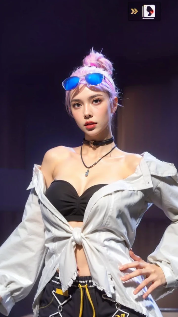 Skin Tight Black Top:1.2、looking at viewert、cinematlic lighting、A perfect、softlight、High resolution skin:1.2、realistic skin textures、Lifelike face、Beautiful red eyes、off shoulders、Exposed cleavage、short-hair、no-makeup、Bust B Cup