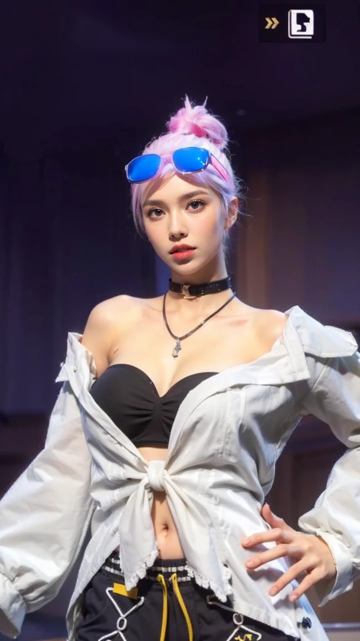 Skin Tight Black Top:1.2、looking at viewert、cinematlic lighting、A perfect、softlight、High resolution skin:1.2、realistic skin textures、Lifelike face、Beautiful red eyes、off shoulders、Exposed cleavage、short-hair、no-makeup、Bust B Cup