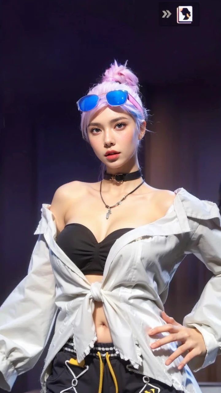 Skin Tight Black Top:1.2、looking at viewert、cinematlic lighting、A perfect、softlight、High resolution skin:1.2、realistic skin textures、Lifelike face、Beautiful red eyes、off shoulders、Exposed cleavage、short-hair、no-makeup、Bust B Cup