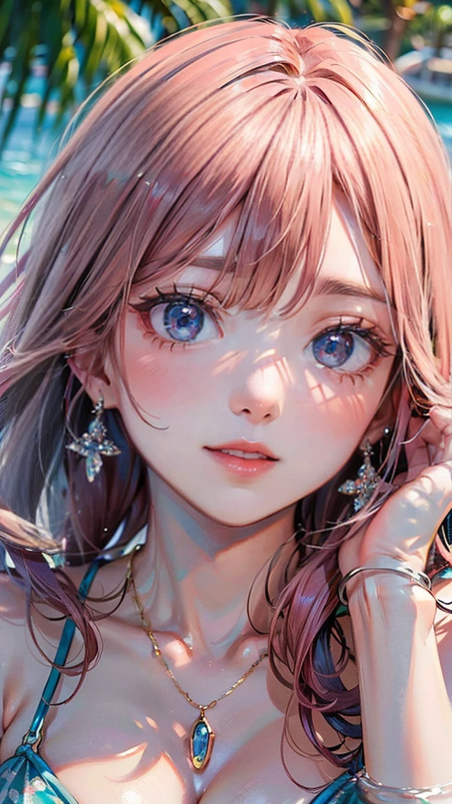 (Masterpiece, BestQuality:1.3), (ultra detailed:1.2), (hyperrealistic:1.3), (RAW photo:1.2), High detail RAW color photo, professional photograph, (Photorealistic:1.4), (realistic:1.4), professional lighting, perfect anatomy, (Big Breasts:1.2), (blush, detailed face), (A happy smile:1.7), Trending Hair&Trending Hairカラーをランダムに, earrings, necklace, bracelet, sexly, erotic sexly, Random sexy gravure poses, (A woman wearing a light blue bikini、プールで泳ぎながらA happy smileでセクシーなグラビアポーズをとっている。Long pink hair floating in the water。:1.3)