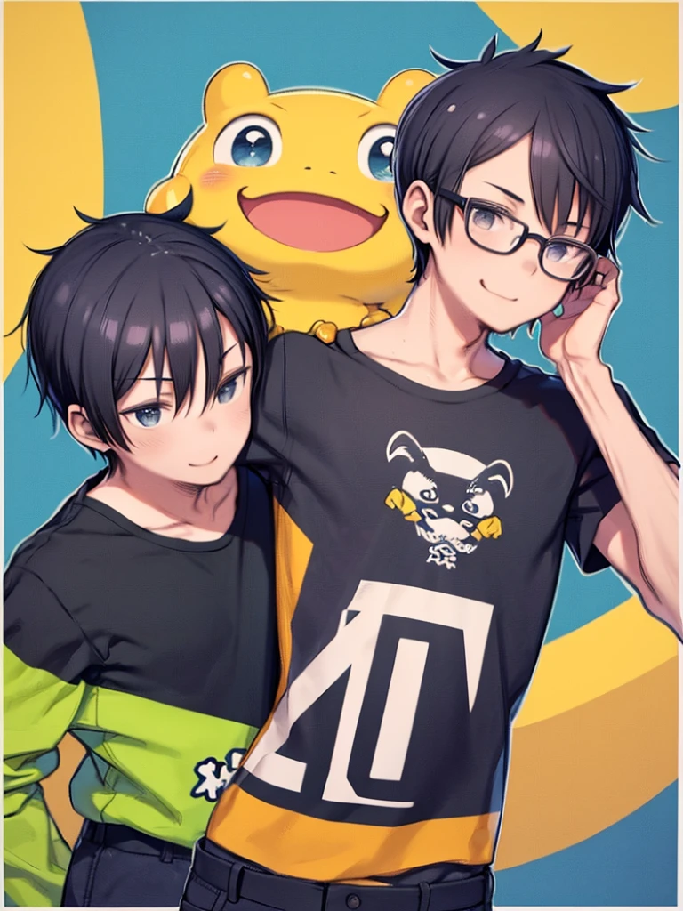 A boy wearing a short-sleeved T-shirt with a large yellow frog illustration printed on it、Black Hair、Shortcuts、Shaved back hair、Wear round glasses on your head、Jeans Trousers、Upper Body、laughing、