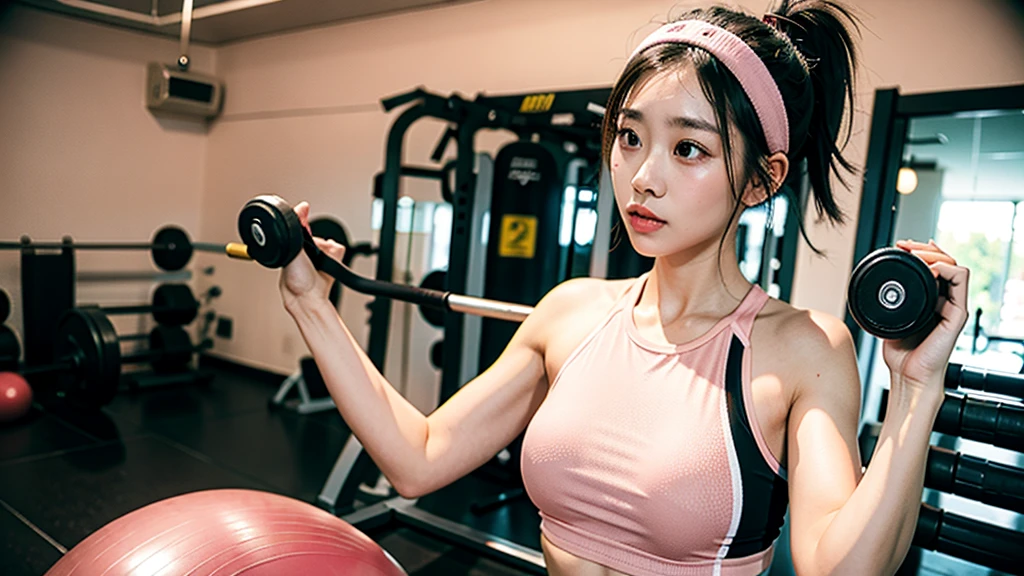 1girl, Running, gym, tight light pink workout clothes,