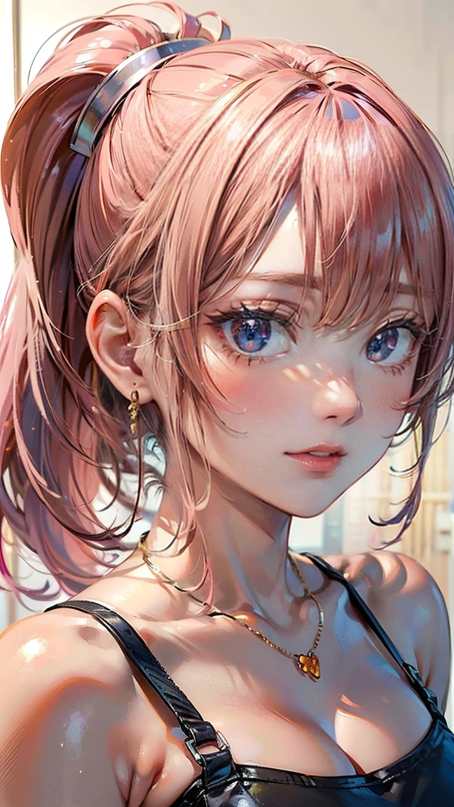 (Masterpiece, BestQuality:1.3), (ultra detailed:1.2), (hyperrealistic:1.3), (RAW photo:1.2), High detail RAW color photo, professional photograph, (Photorealistic:1.4), (realistic:1.4), professional lighting, perfect anatomy, (Big Breasts:1.2), (blush, detailed face), (A happy smile:1.7), Trending Hair&Trending Hairカラーをランダムに, earrings, necklace, bracelet, sexly, erotic sexly, Random sexy gravure poses, (A woman wearing an orange crop top and shorts、サーフボードを持ってビーチを歩きながらA happy smileでセクシーなグラビアポーズをとっている。Pink hair ponytail swinging。:1.3)