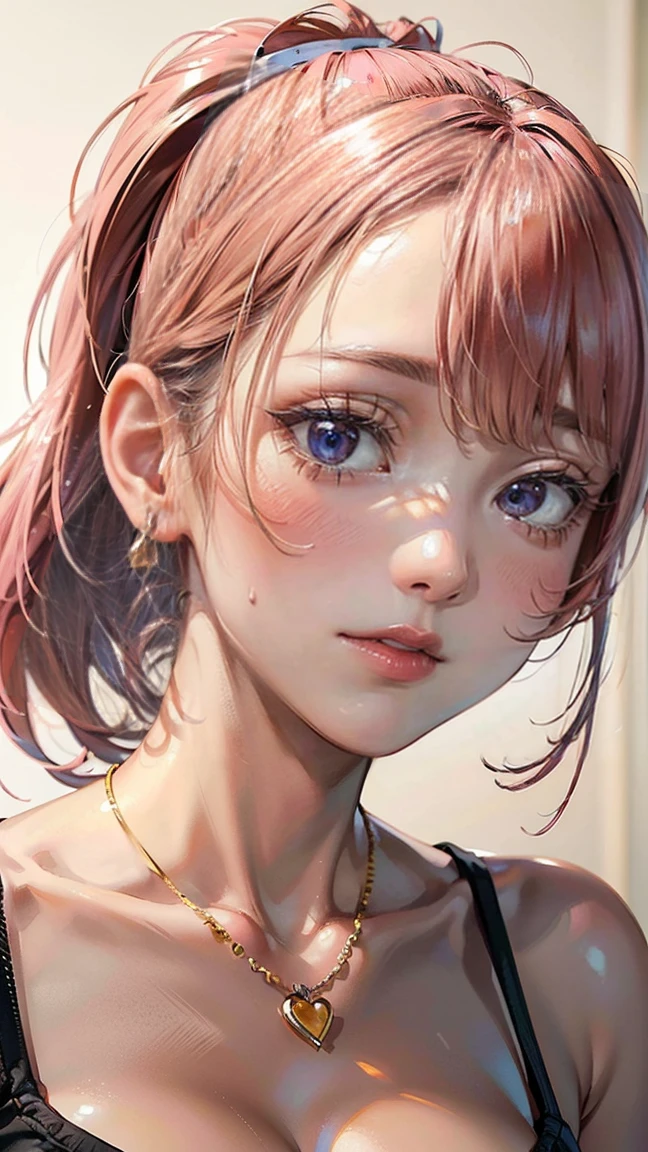 (Masterpiece, BestQuality:1.3), (ultra detailed:1.2), (hyperrealistic:1.3), (RAW photo:1.2), High detail RAW color photo, professional photograph, (Photorealistic:1.4), (realistic:1.4), professional lighting, perfect anatomy, (Big Breasts:1.2), (blush, detailed face), (A happy smile:1.7), Trending Hair&Trending Hairカラーをランダムに, earrings, necklace, bracelet, sexly, erotic sexly, Random sexy gravure poses, (A woman wearing an orange crop top and shorts、サーフボードを持ってビーチを歩きながらA happy smileでセクシーなグラビアポーズをとっている。Pink hair ponytail swinging。:1.3)