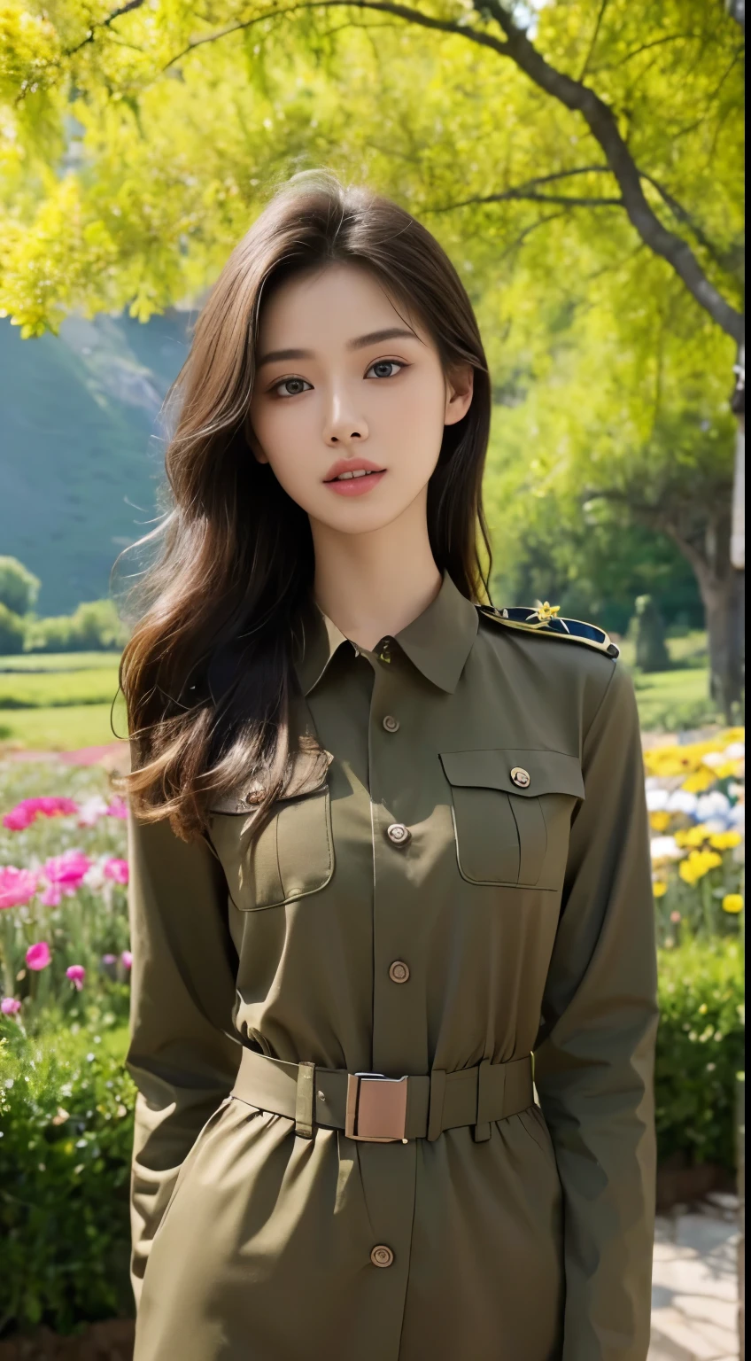 Fashion model 18 years old [[[[Close-up cleavage]]]], [[[[breast]]]], [[[[Cole]]]], [[[[Shoulder]]]], Perfect eyes, Perfect Iris，Perfect lips，Perfect Teeth，Perfect skin，Fair skin，Pulling a long face，Long and thin nose，Human Development Report，girl，military uniform，A delicate face，A tree-lined mountain in the background，Flowers，4K ultra HD, Ultra-high resolution, (Reality: 1.4), best quality，masterpiece，（Pastel colors：1.2）