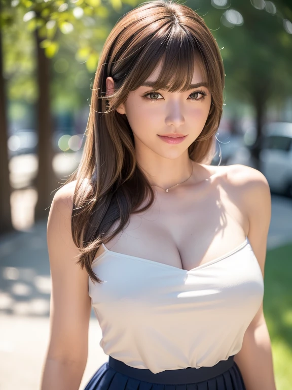 (Highest quality:1.4、8K masterpiece:1.3、Ultra-high resolution)、(Realistic:1.3)、Highest qualityの柔らかな自然光, RAW Photos、8K wallpapers incorporating highly detailed CG, , 1 Cute Beautiful Girl、、Pale skin:1.4, Shine, Transparent muscle:1.2、((Ultra-Realistic Details))、Portraiture、All the characters are super realistic.:1.6、Global Illumination、Octane Rendering:1.2, The best beautiful girl,Very detailed, High resolution raw color photos, Professional photography, Realistic portrait, Cinematic Light, With a small face、Pale Cheeks:1.2、lipstick、(With a cute and charming smile:1.4)、((Beautiful Eyes、Light enters the eyes:1.4、Staring at a lover、Adorable eyes:1.2 )) 、((Shiny Hair (Brown medium hair)、Shiny and delicate texture:1.2、Voluminous Hair:1.3、Thick Hair:1.2 )), Beautiful big ,(Big ample breasts:1.2)、Captivating beauty、Captivate what you see、Seductive sexy pose,8.5 Life-size, ( Shrug:1.2)、Expose your shoulders, Cleavage:1.2、 (Abdominal muscles, Slim figure: 1.1), Beautiful details, Chest Details, (Her wide open chest is beautiful )、 (Wearing a white blouse shirt with attention to detail,Pleated skirt):1.2、Pochette in one hand、Race, Very detailedな, Highest quality, Tabletop, Sharp focus, (((Intricate details)), High detail, Beautifully detailed face, Detailed body, Detailed clothing, Clear images, 超Clear images, Talked about at the art station, 8.5 Life-size, Detailed human hand, Perfect human hand, Perfect Anatomy, Perfect proportions, 超Sharp focus, Walking outdoors、A busy pedestrian precinct in the city:1.4、field of depth, Building district 、Wind , From the side 、