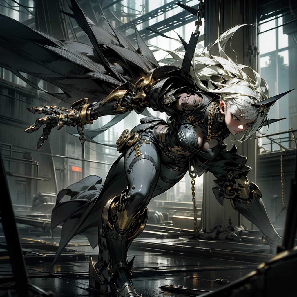 1 girl, solo, attractive body in sexy clothes, gothic, wearing punk attire, destroyed city, in a mortal battle, solo, masterpiece, flawless, no anomalies, photorealistic, 8k, high quality, dramatic lighting, moody atmosphere, dark colors, gritty urban environment, hyper detailed, cinematic composition, dynamic pose, intense expression with shiny accessories, silver and gold accessories, jewelry, diamond, earrings, chains, body without anomalies two arms and hands without anomalies two legs without anomalies body shape without anomalies in the character