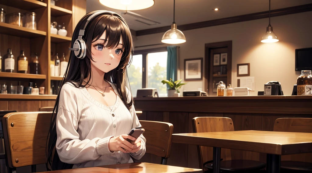 Girl with headphones enjoying music in a cafe I am studying Emphasize a little bit of the chest