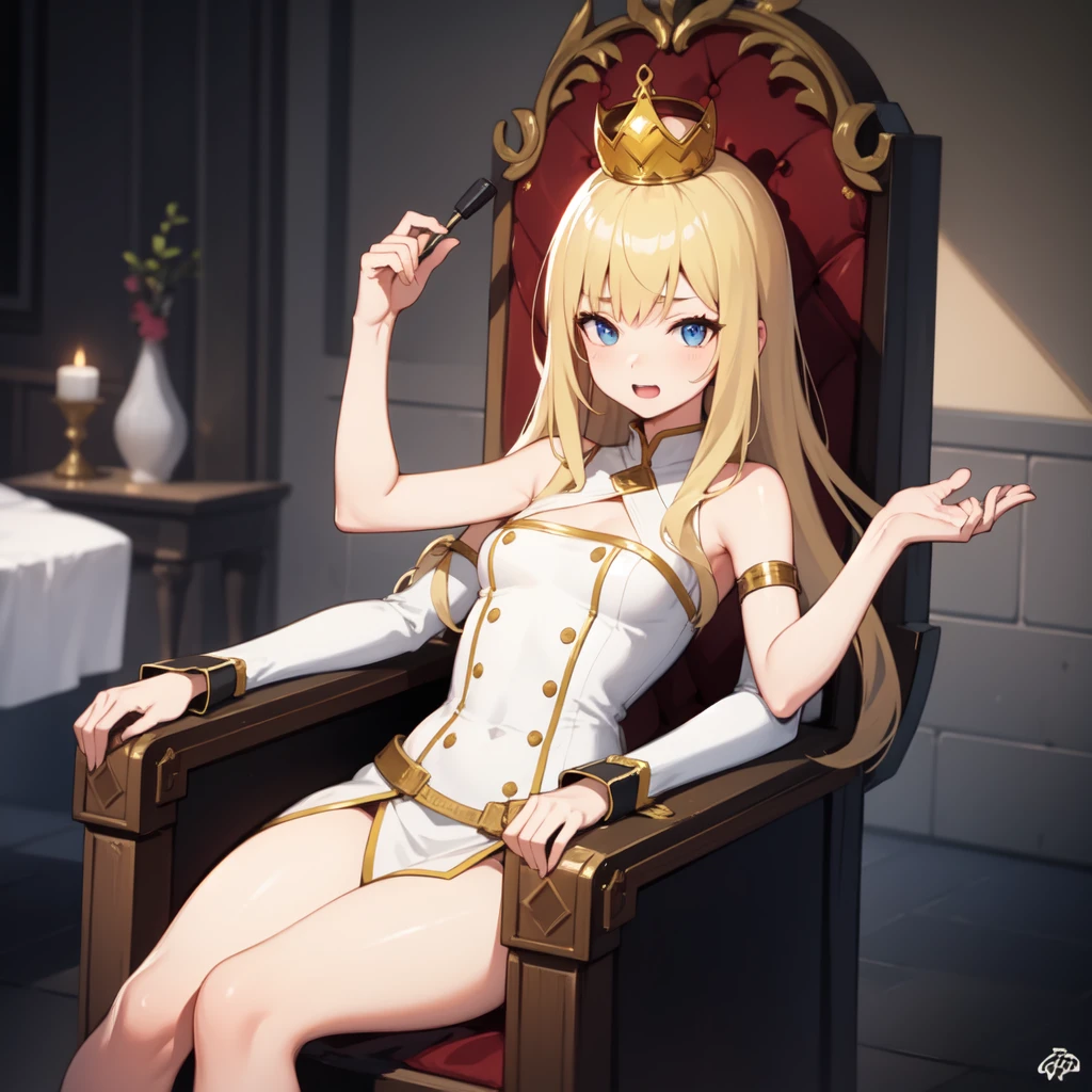 (masterpiece), (Highest quality:1.2), One girl, Pastel line drawing, art (The_IDG_style:1.1), Sitting Girl (Big throne), View your viewers, Put your feet on the floor, Hessian Boots, (Crown on head:1.1), (Audience Room, hole), Royal Mantle, ((alone)), (Feet Focus), (View from below:0.9), (Heavy makeup), Strong Shadows, (Small breasts, Saggy breasts, apart breasts), clitoris, clitoris, Pussy juice, Juicy Pussy, Nipples, huge Nipples, Cinematic Light, Repaired,