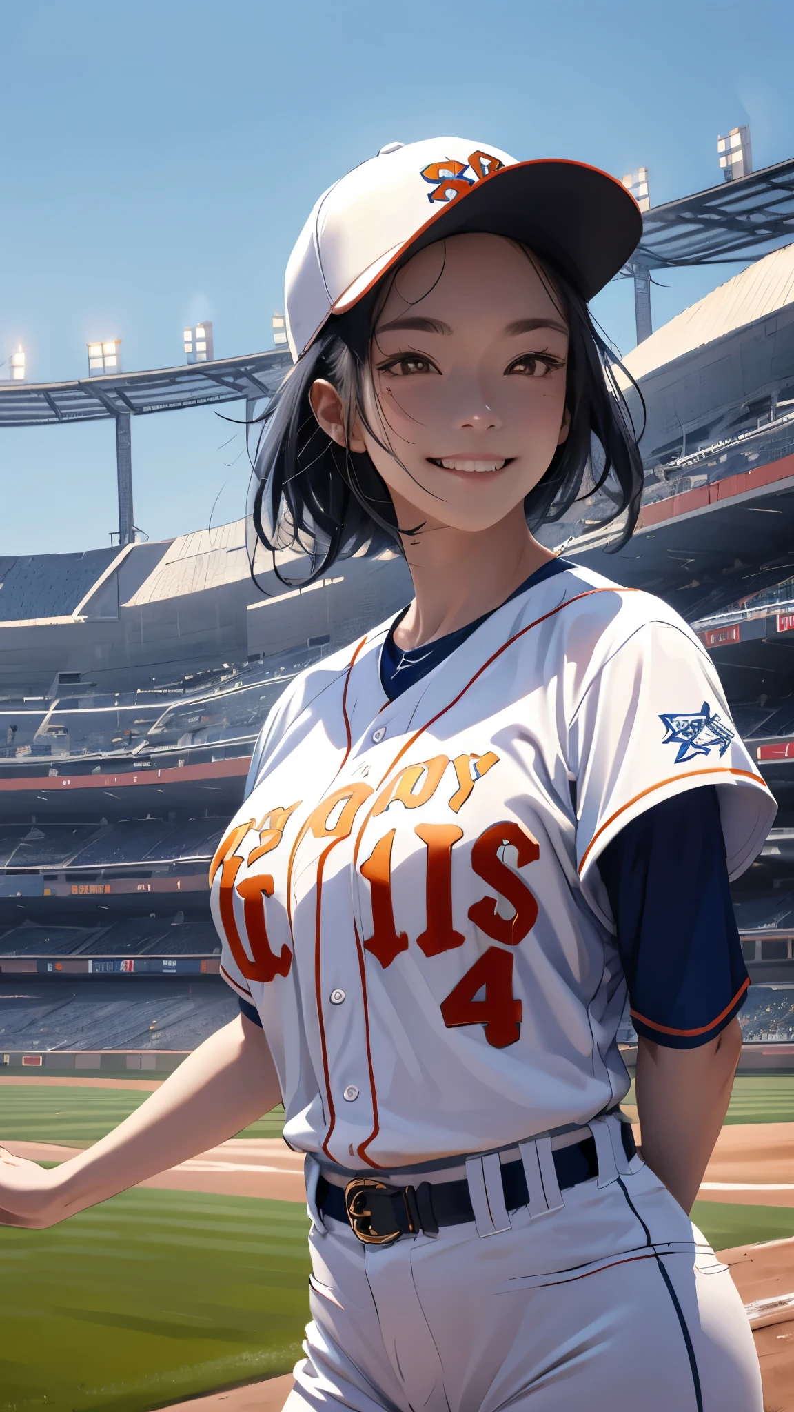 Baseball cap、Stadium、Asian、Black Hair、Baseball uniforms、Stadium、A big smile、woman、Hair flowing in the wind、looking at the camera、Large Breasts
