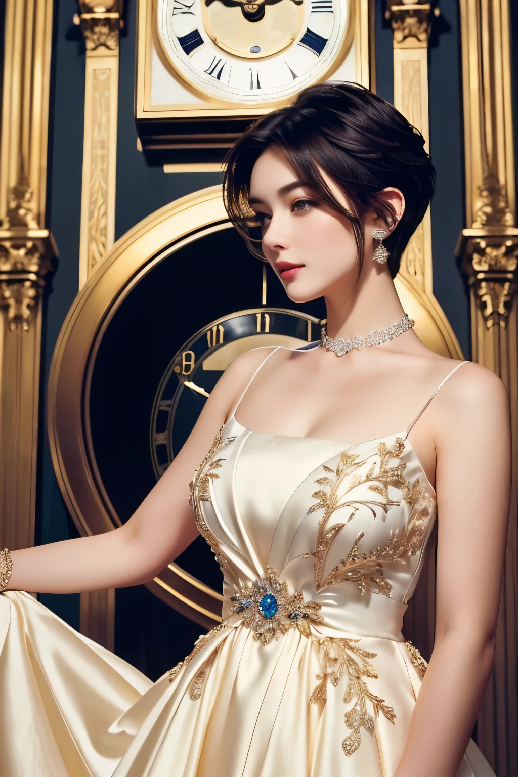 8K, masterpiece, Beautiful short-haired woman in elegant dress with clock in the background, 