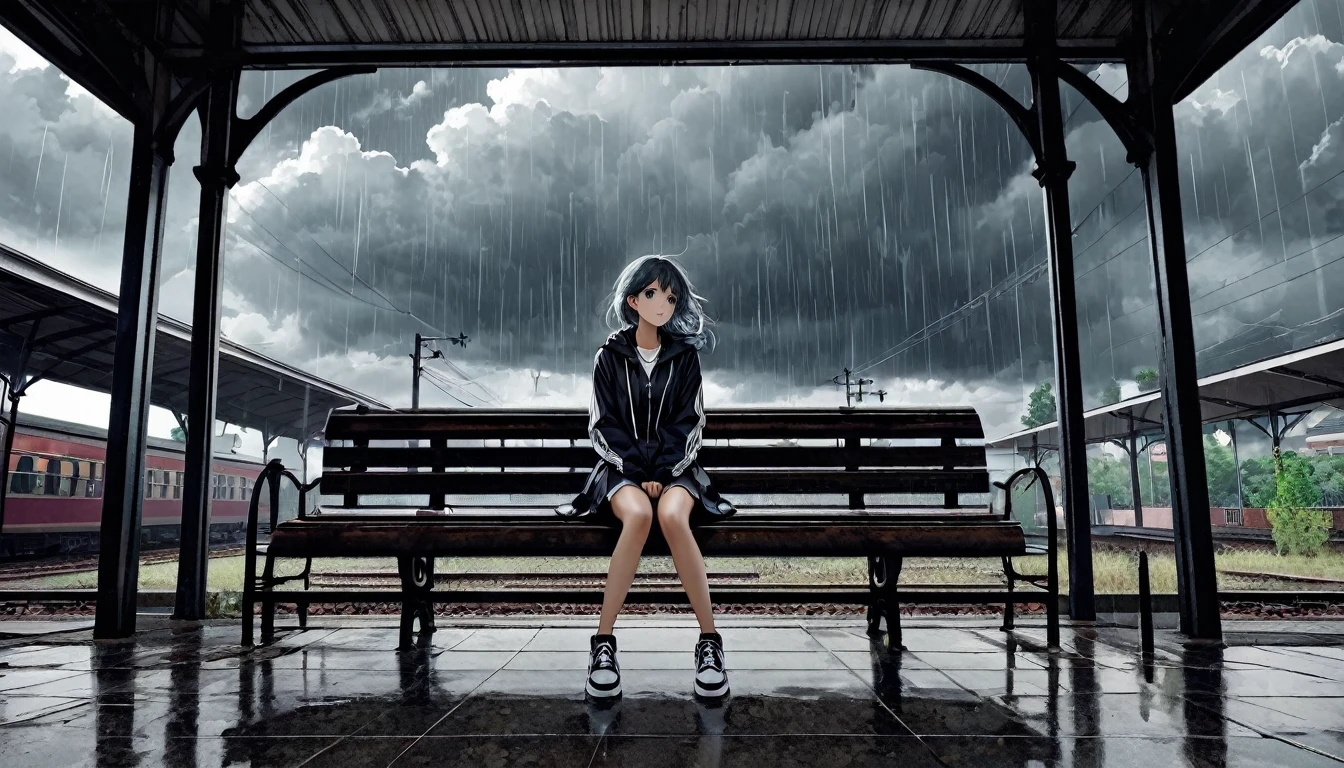 Ultra high definition photo. The sky is cloudy and full of dark clouds. It's dark like a place where it's going to rain. At an old train station, a girl sits lonely on her bench. Her hair is flying. She girl is wearing bb sneakers.