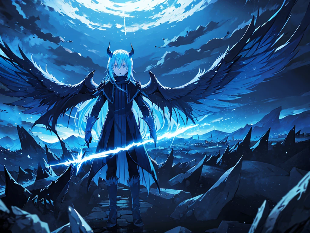a demon lord rimuru tempest, demonic wings spread wide, floating in the air, dark fantasy, hyper detailed, intricate, masterpiece, 8k, photorealistic, dramatic lighting, cinematic composition, vibrant colors, powerful presence, majestic, awe-inspiring, ethereal, mystical, dramatic atmosphere